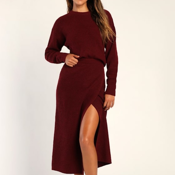 Lulus Autumn Sweetheart Burgundy Waffle Knit Two-piece Sweater Dress Red - Picture 1 of 1
